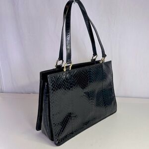 Vintage Black Snakeskin Structured Handbag Top Handle Satchel 70s 80s Classic